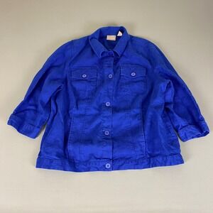 Chico's Women's Linen Button Up‎ Jacket Size 3 (US XL) Blue 3/4 Sleeve Utility